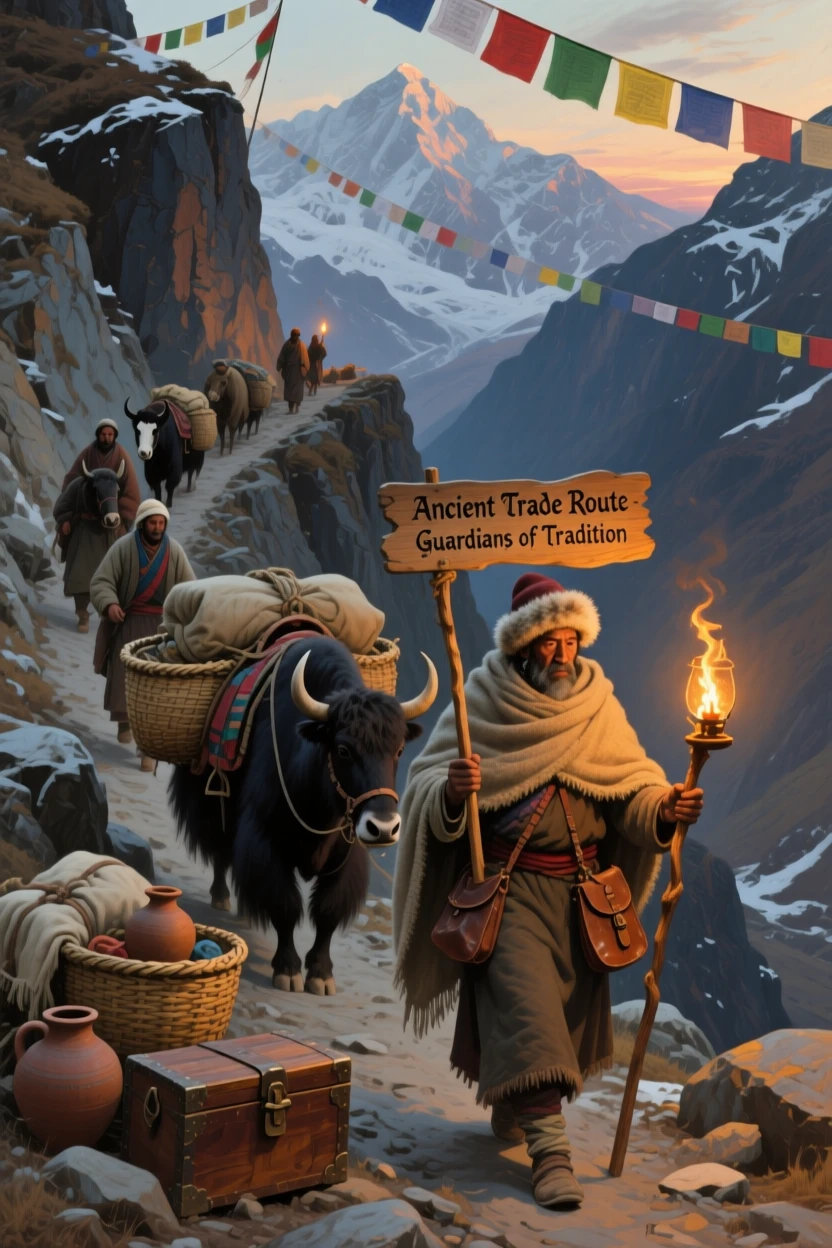 A caravan of traders crossing the Himalayas along an ancient mountain pass, as warm candlelight or torchlight fills the surrounding space, honoring the customs, craftsmanship, and spirit of the time