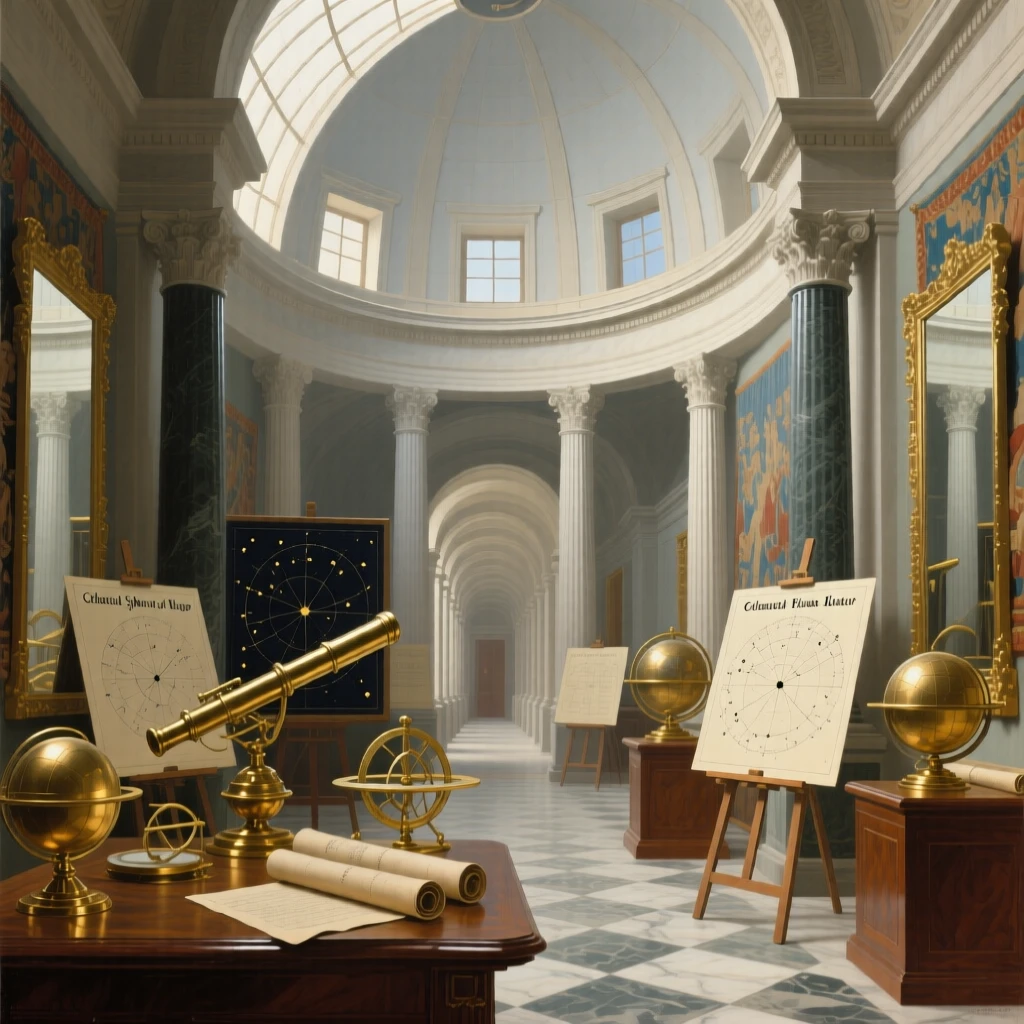 A domed observatory filled with brass instruments and star charts holding the quiet grandeur of a bygone era, set within a palace built for generations of nobility, with tall mirrors reflecting endless corridors of light and shadow; strong vertical lines of columns lead the eye upward toward the light, evoking timeless grandeur and quiet reverence.