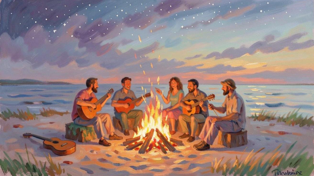 A community bonfire celebration on a beach at dusk, friends gathered around with music and laughter, under a canopy of stars.