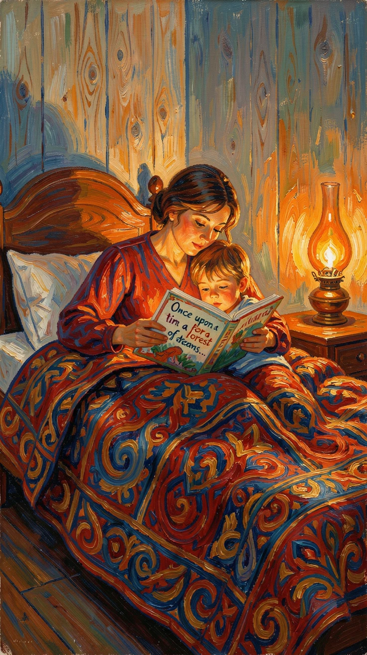 A mother reading a bedtime story to her children, all three tucked beneath a quilt.