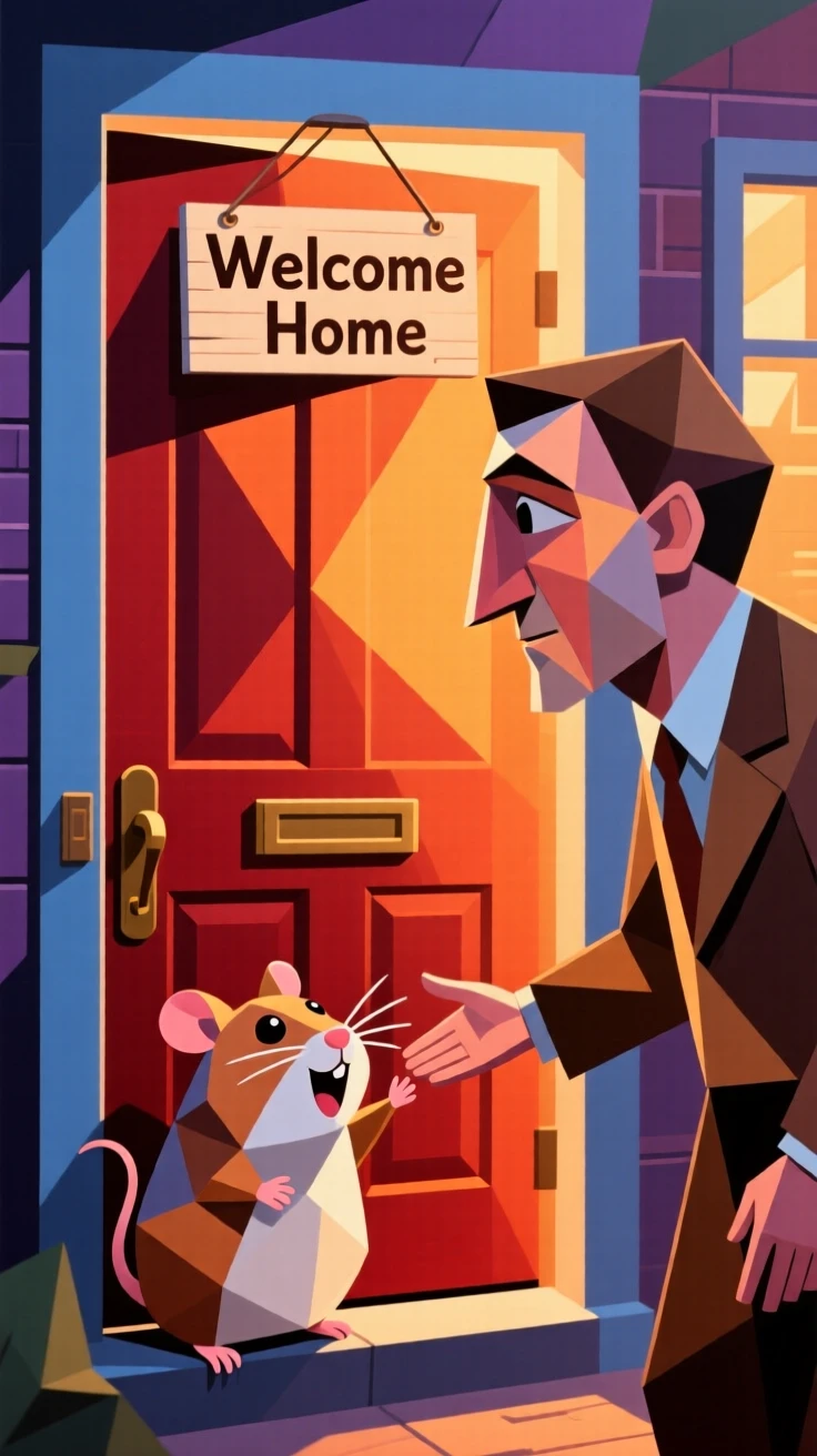 A charming portrait of a tiny hamster greeting its owner at the front door with excitement, in the warm evening light.