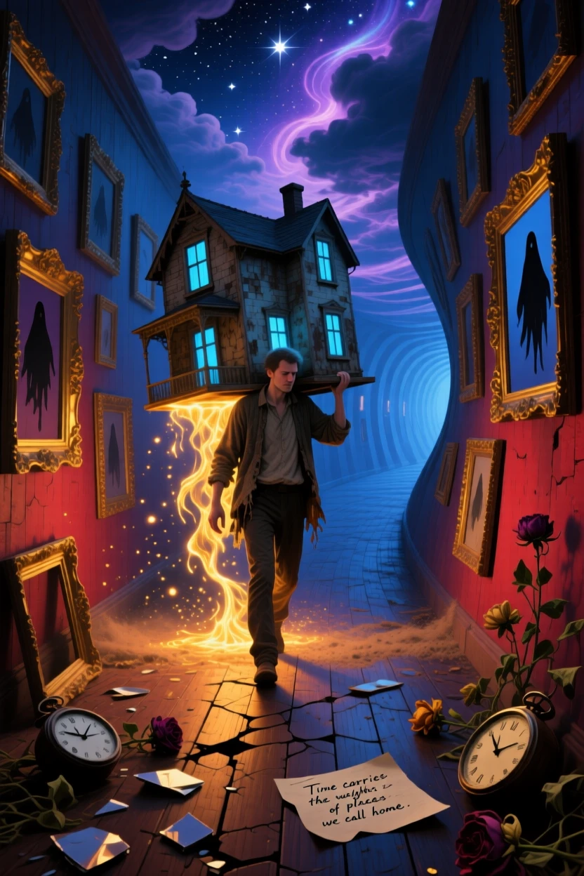 A man walking with a house balanced on his shoulders drifts through a corridor lined with empty picture frames, as light spills from the seams of their clothing.