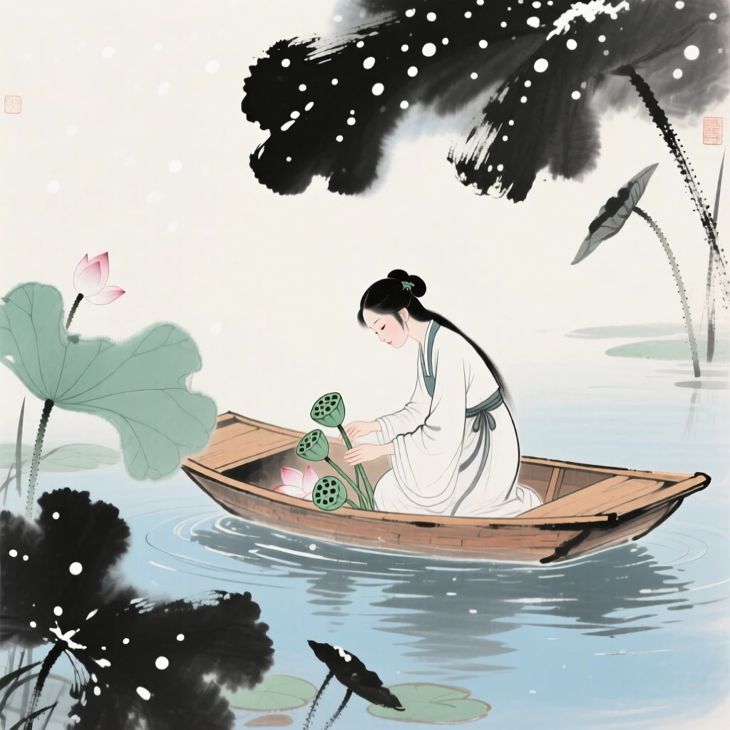 A young woman gathering lotus pods from a boat on a still pond, evoking a sense of quiet solitude, beneath softly falling snow.
