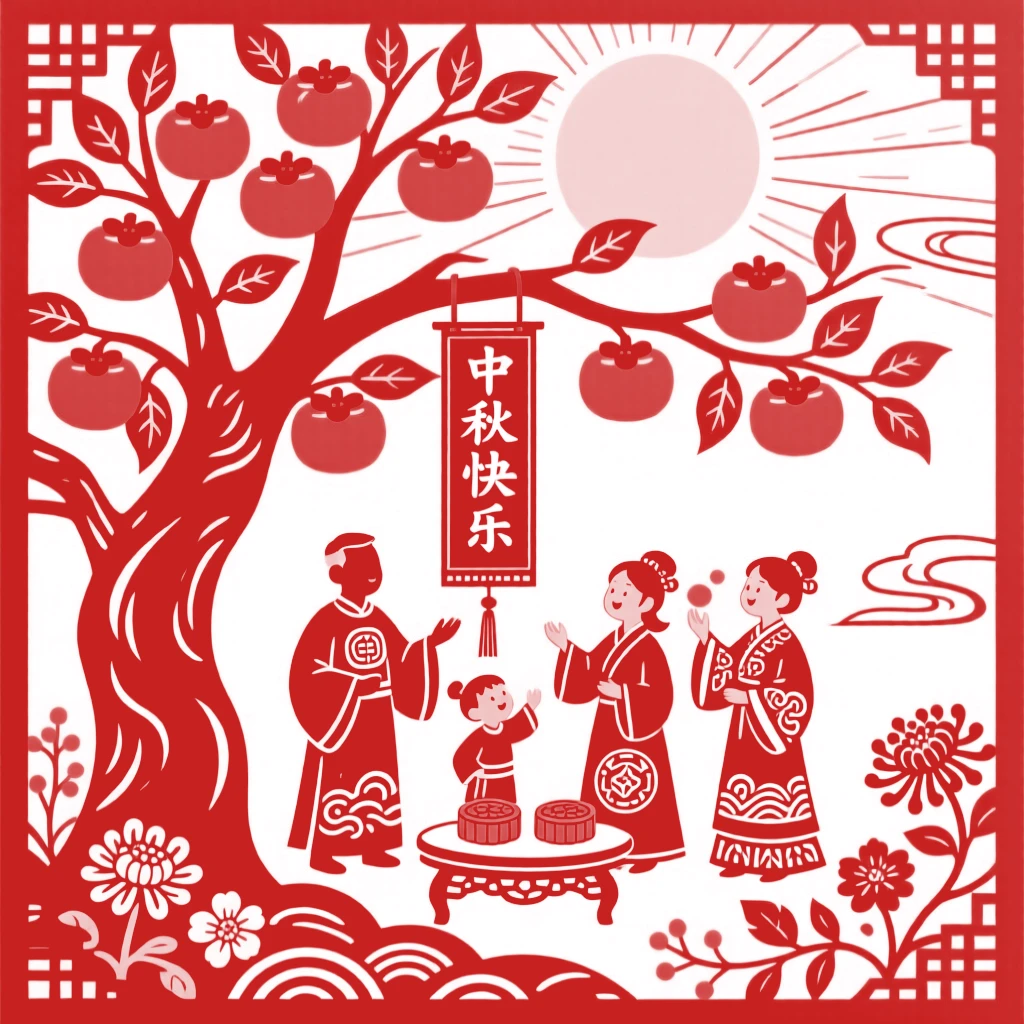 An autumn moon festival gathering beneath a persimmon tree heavy with ripe orange fruit