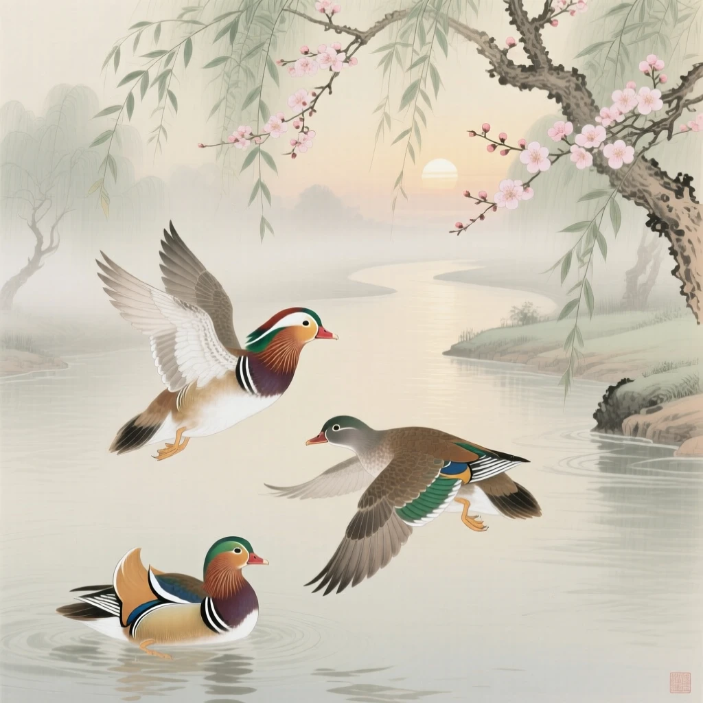 A pair of mandarin ducks taking flight over a misty river bend, soft morning light filtering through the branches
