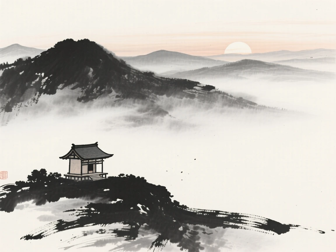 A secluded mountain shrine surrounded by drifting mist at dawn, captured from a distance, small against a vast landscape, conveying quiet reverence for the past.