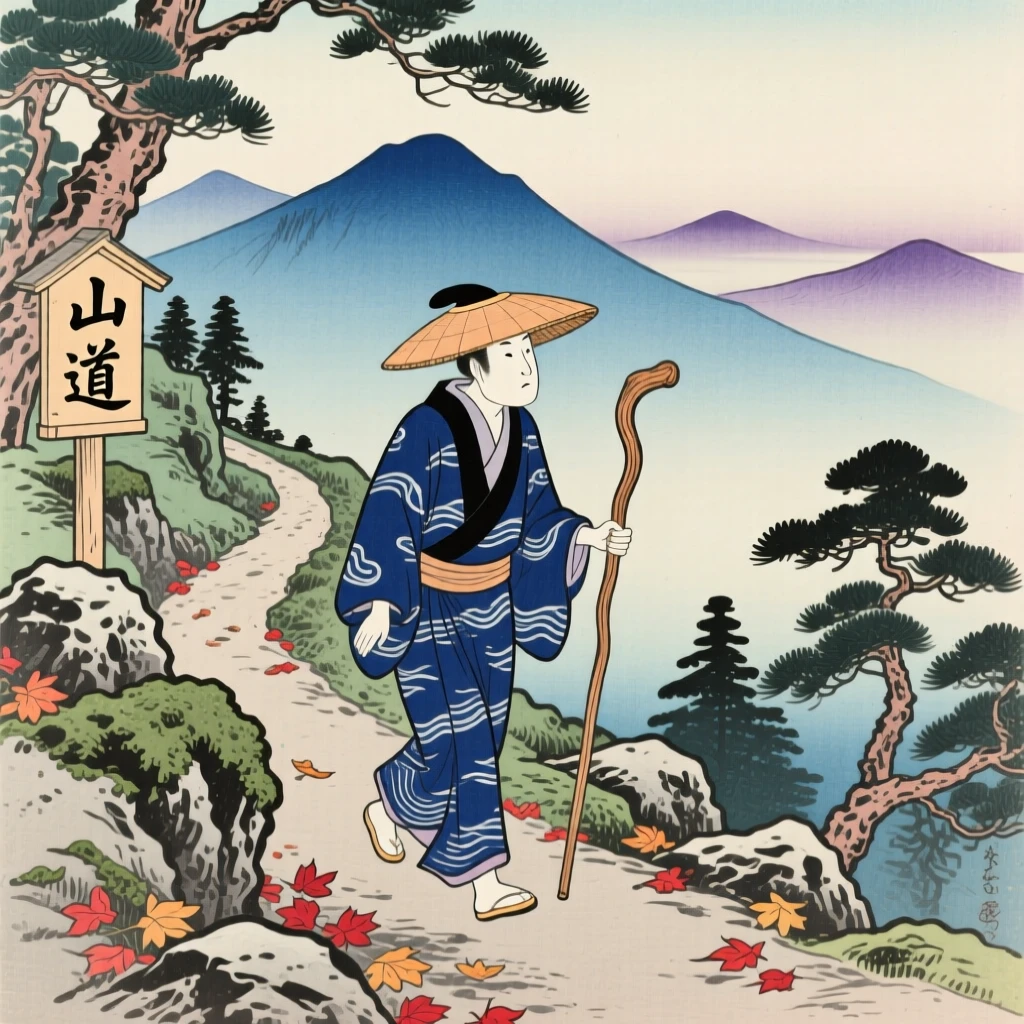 A puppeteer walking a mountain path with a wooden staff.