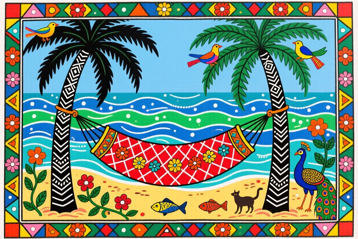 A hammock strung between two palm trees on a quiet island shore.