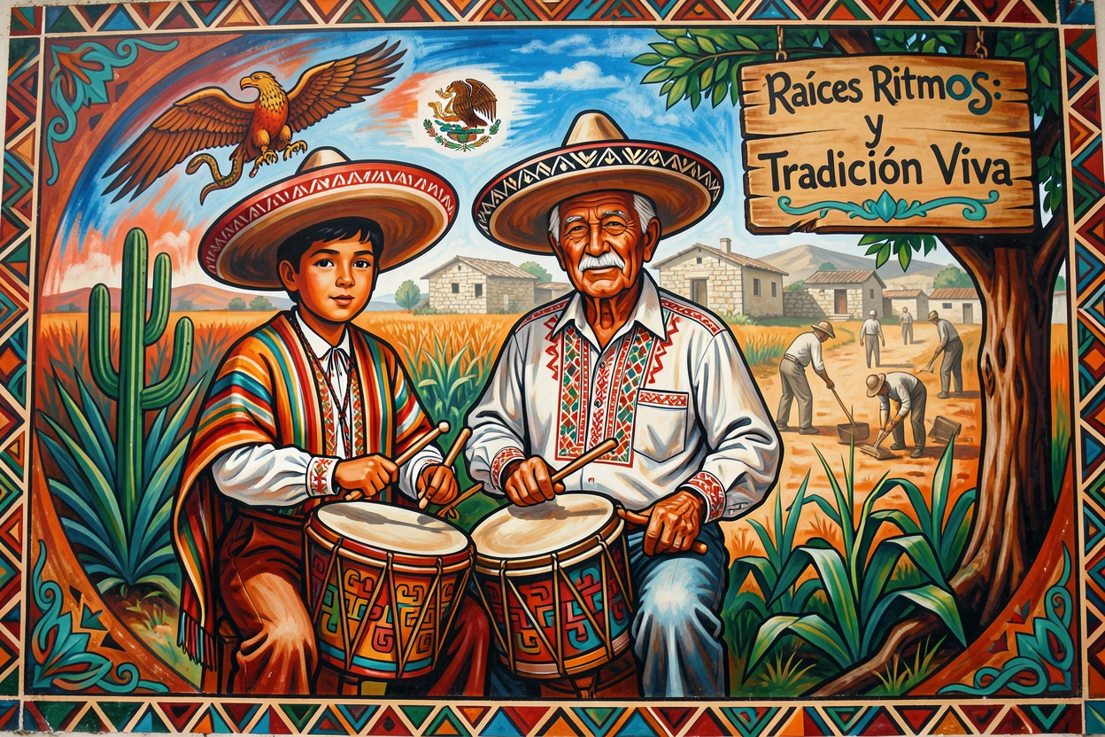A young boy playing drums with his grandfather