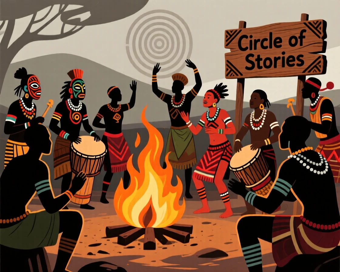 A traveling group of performers gathered around a blazing bonfire.