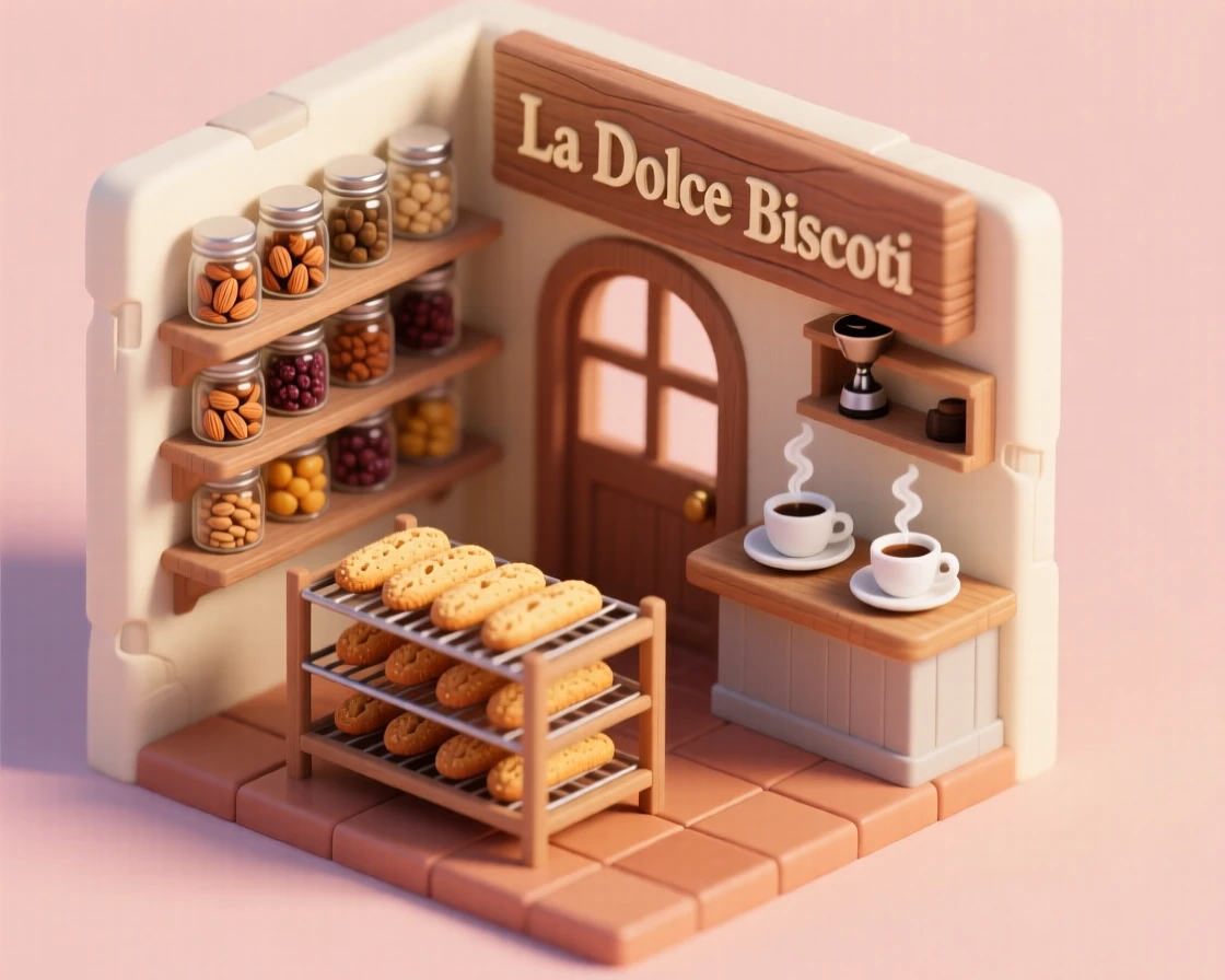 A quaint biscotti bakery with jars of almonds and dried fruit, loaves cooling on a rack, and espresso cups steaming nearby.