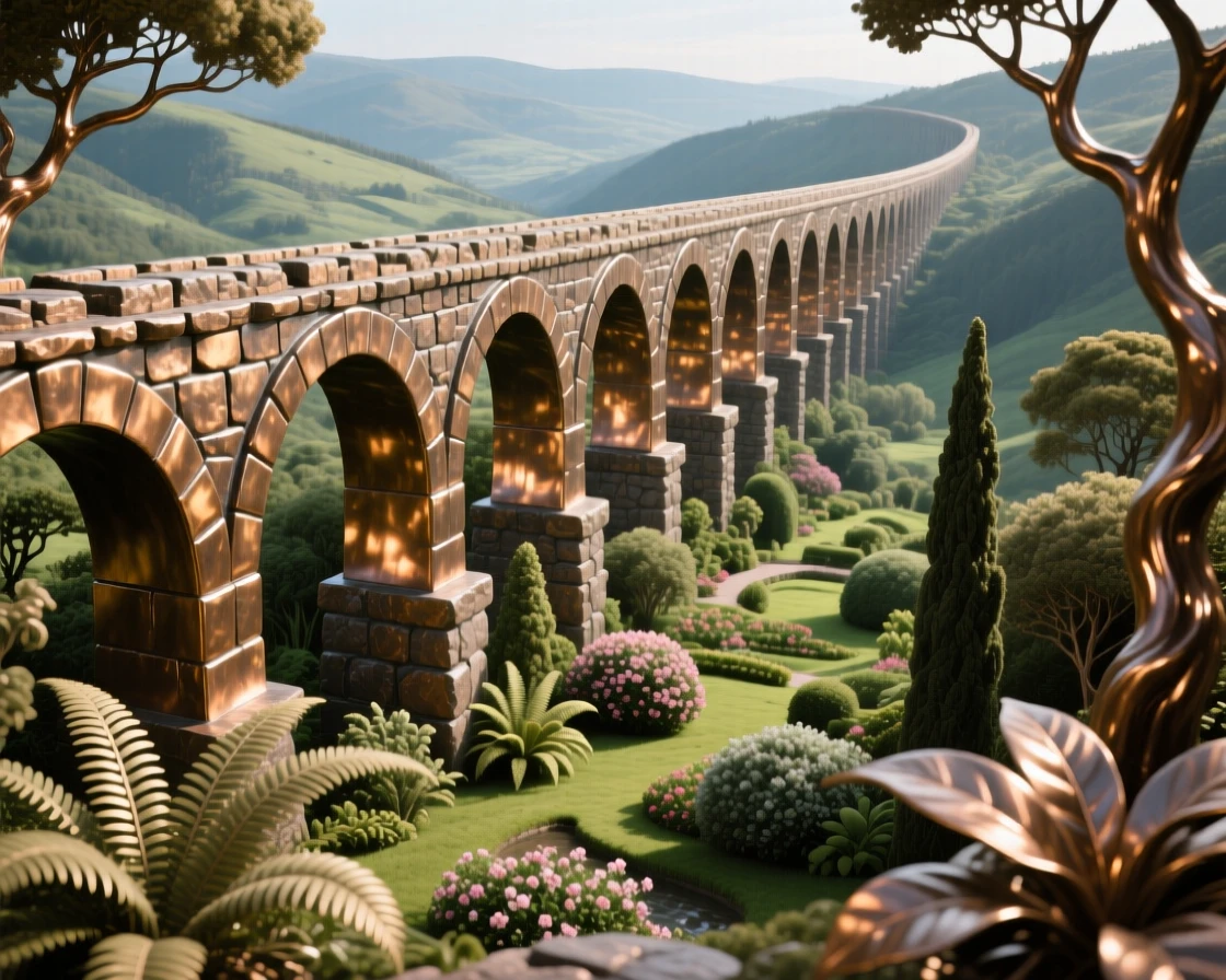 An ancient stone aqueduct stretching across a valley, surrounded by lush, verdant gardens, exuding timeless grandeur