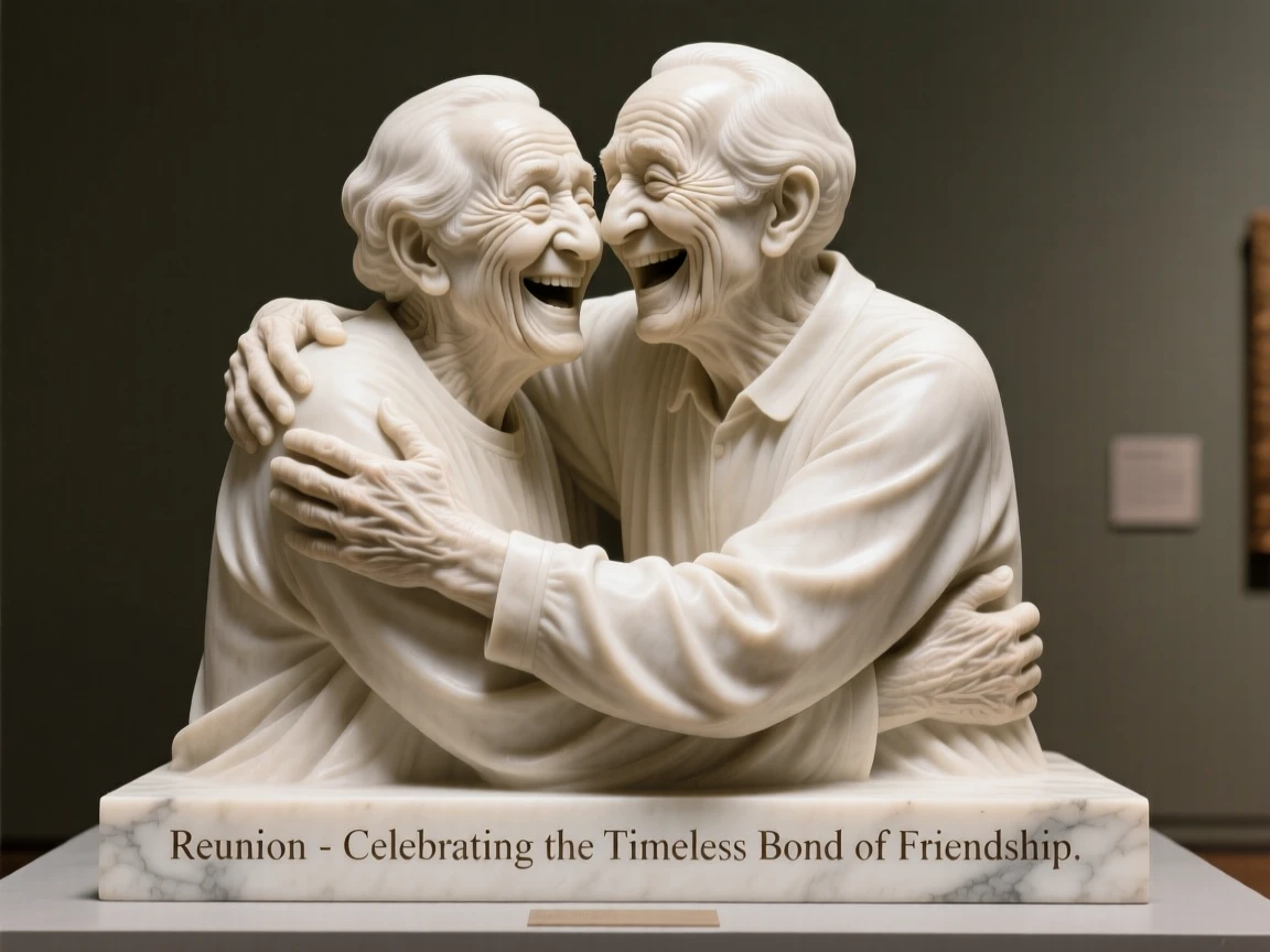 A heartwarming depiction of old friends reuniting with a warm embrace, full of laughter and genuine connection