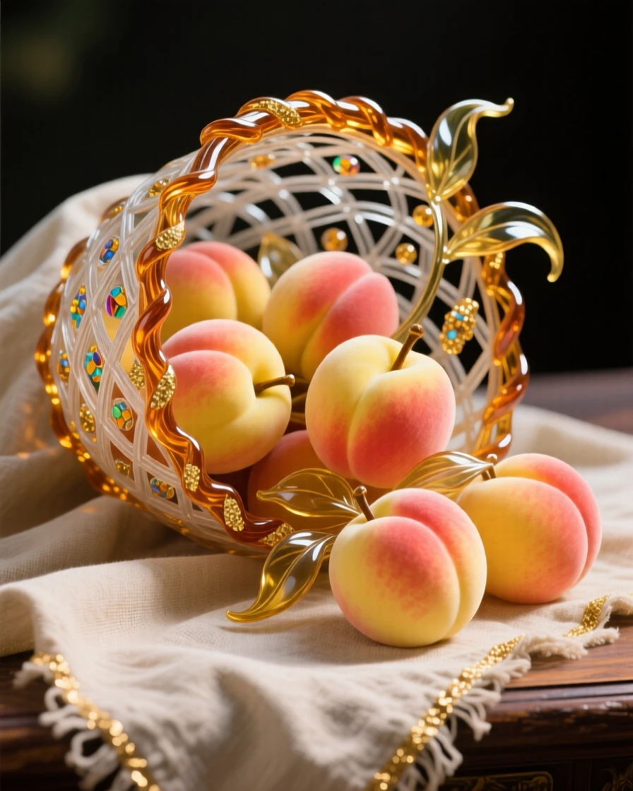 A basket of ripe peaches spilling onto a rustic linen cloth, sweet and abundant.