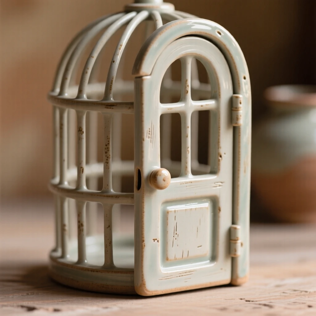 A birdcage door left gently open staged with careful, artful precision, set against a softly blurred background, radiating warmth and homely comfort.