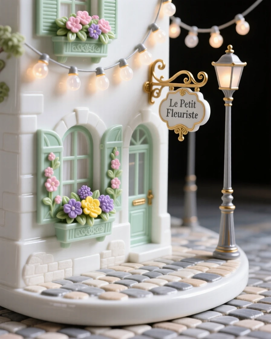 A charming cobblestone European street lined with flower boxes, string lights glowing overhead.