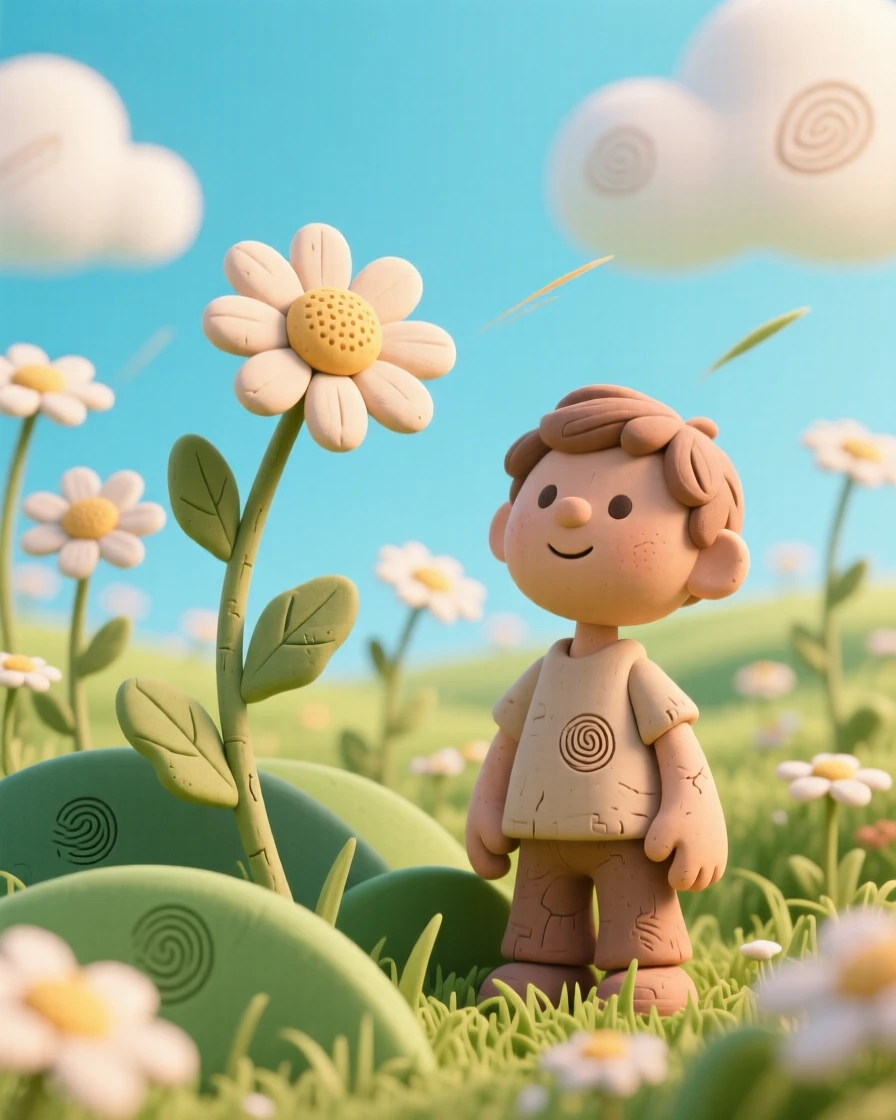 A field of wild daisies swaying beneath a bright summer sky