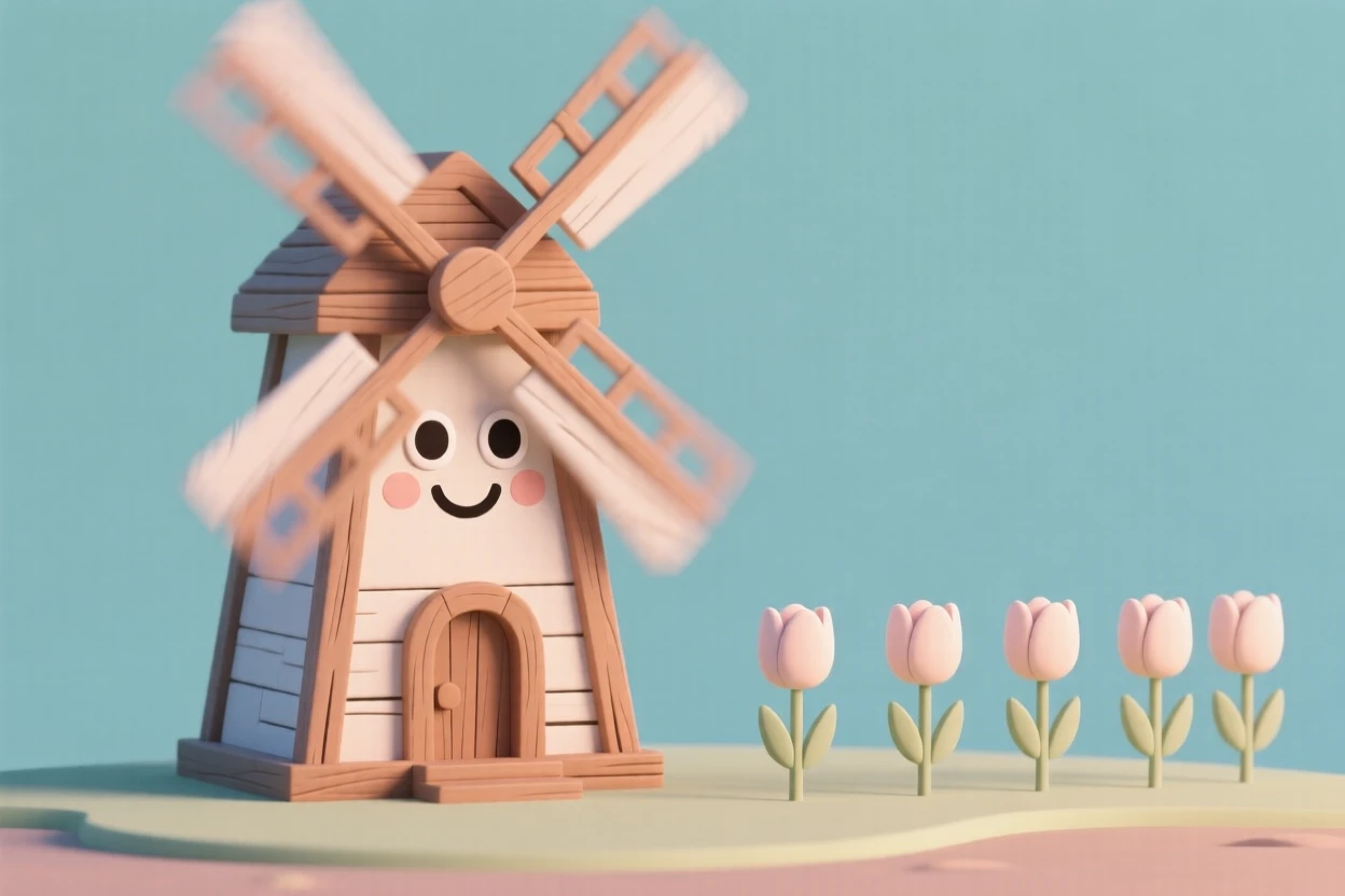 A charming old windmill with a friendly painted face spins its wooden blades happily beside a field of tulips.