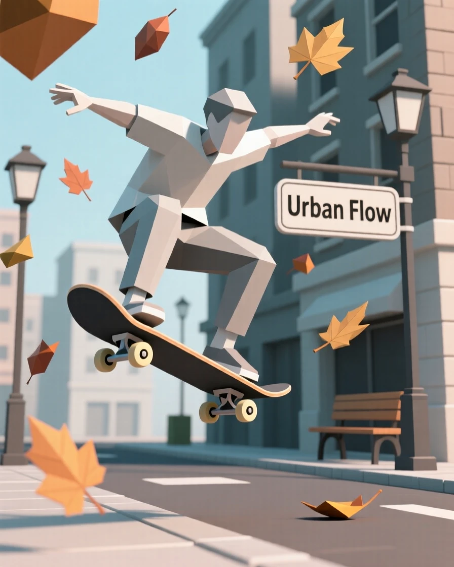 A skateboarder mid-trick against an urban backdrop, beneath falling autumn leaves. the framing emphasizes motion and energy. The scene radiates pure joy.