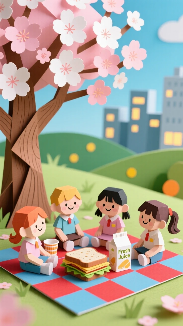 A group of schoolchildren picnicking beneath a blossoming tree, with distant city lights glimmering softly, capturing the simple beauty of everyday moments.