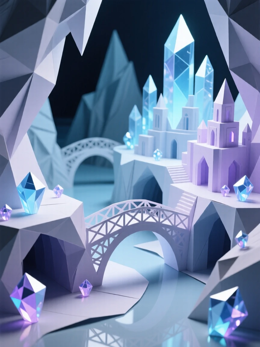 A crystal cave city where glowing gems light winding tunnels and bridges.