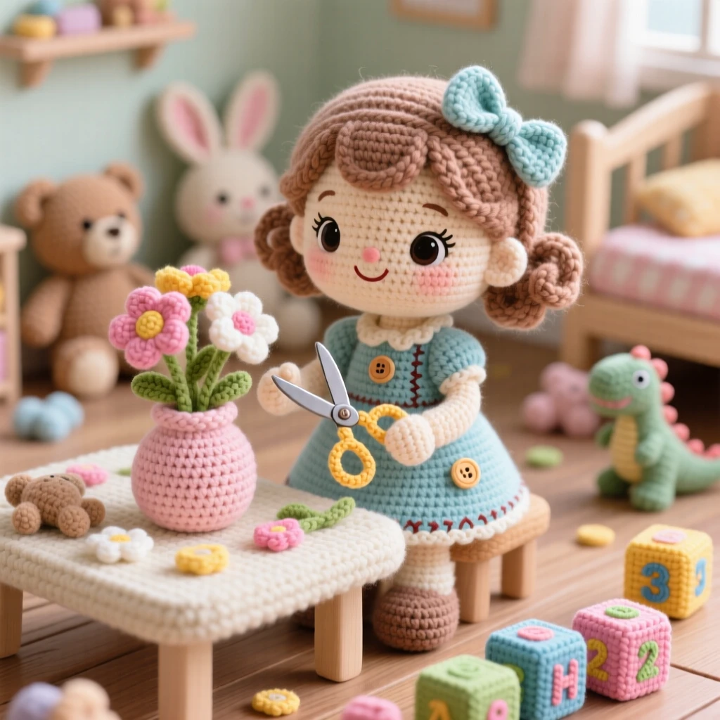 a little girl arranging fresh flowers in a vase, with petals scattered on the table, is shown trimming stems with small scissors within a tidy playroom scattered with soft toys beside a scattering of colorful toy blocks, capturing soft nostalgic coziness.