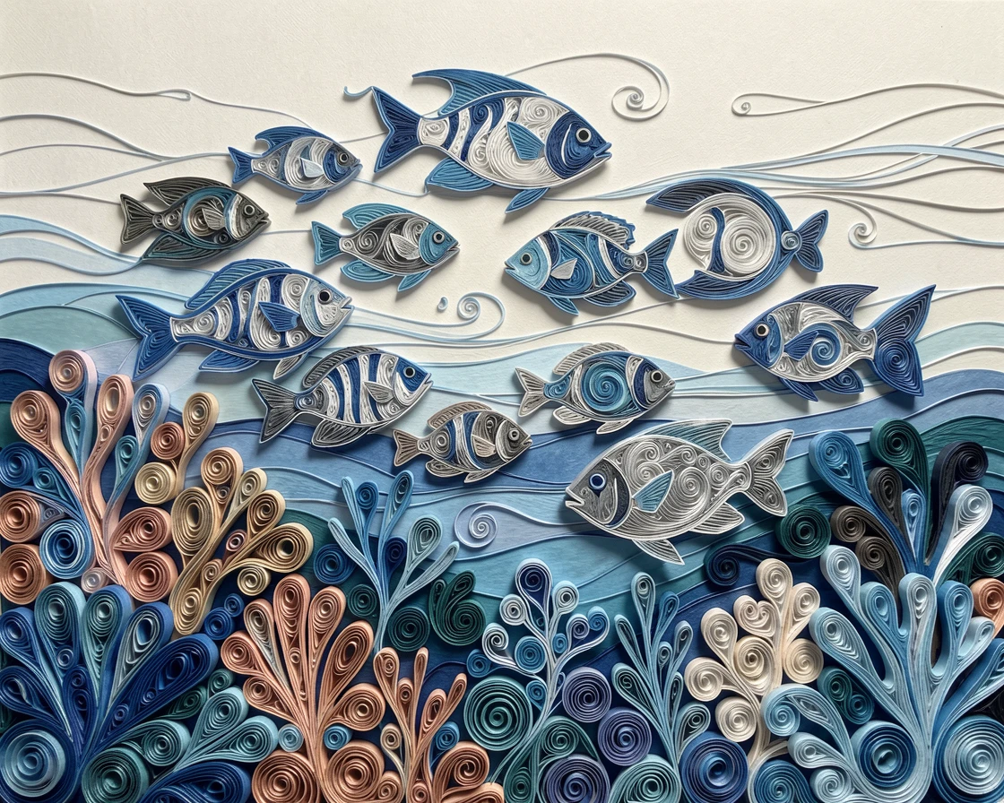 A striking wildlife scene of a school of tropical fish swirling around coral across an open, sweeping natural landscape, in cool blues and silvers of early dawn, captured in a quiet, still, contemplative moment.