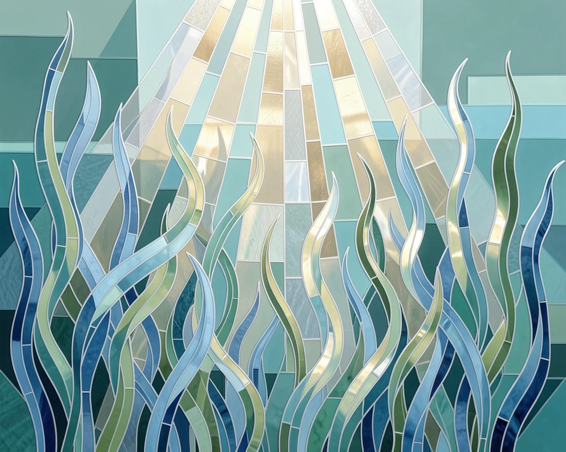 A dreamlike underwater view of a kelp forest swaying gently with shafts of sunlight breaking through, glowing with soft blue-green light.