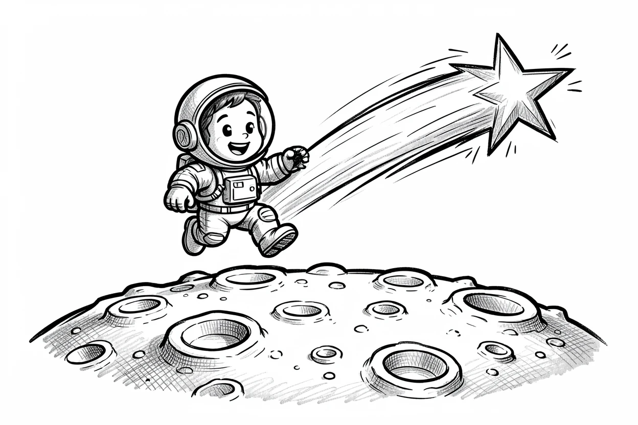 A tiny astronaut riding a shooting star beside a cratered lunar landscape.