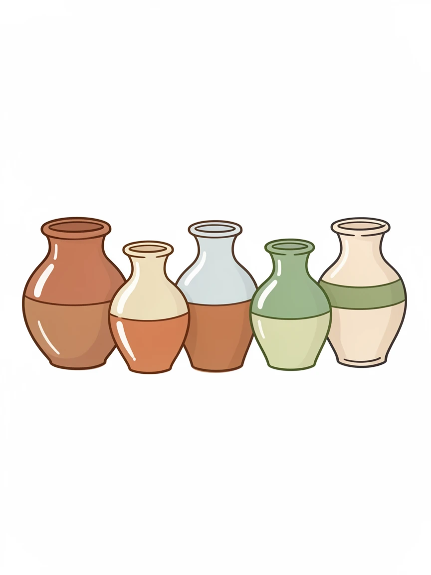 A row of hand-thrown ceramic vases in varying earthy glazes.