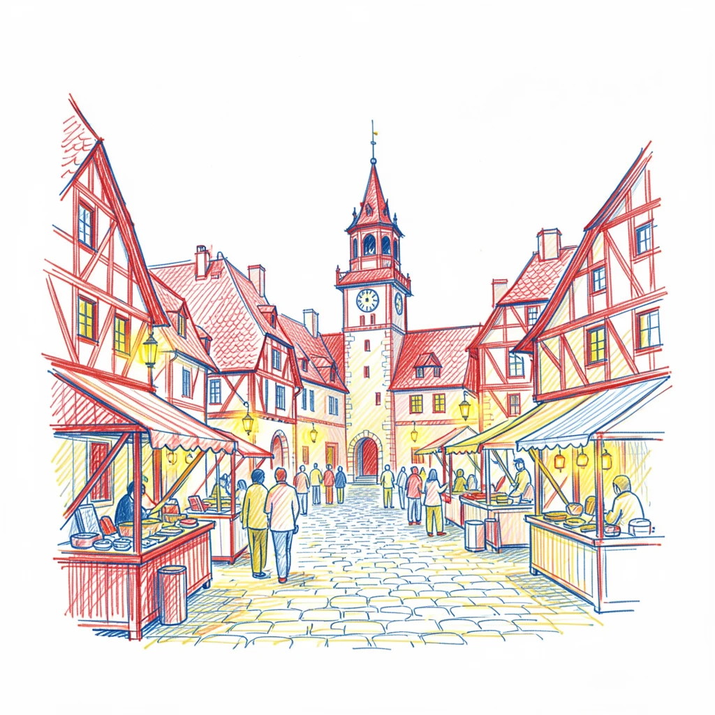 A grand medieval town square lit by warm lantern light at dusk