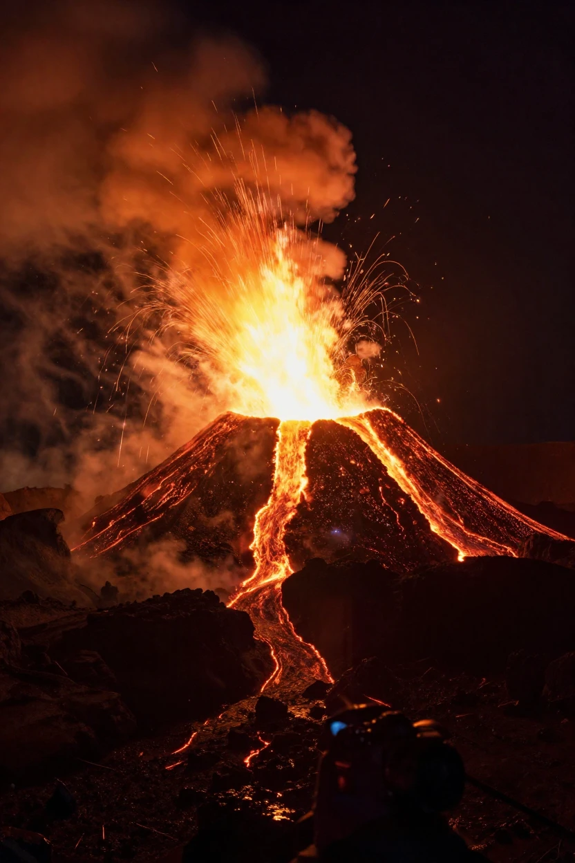 A volcanic eruption lighting up the night sky with molten lava