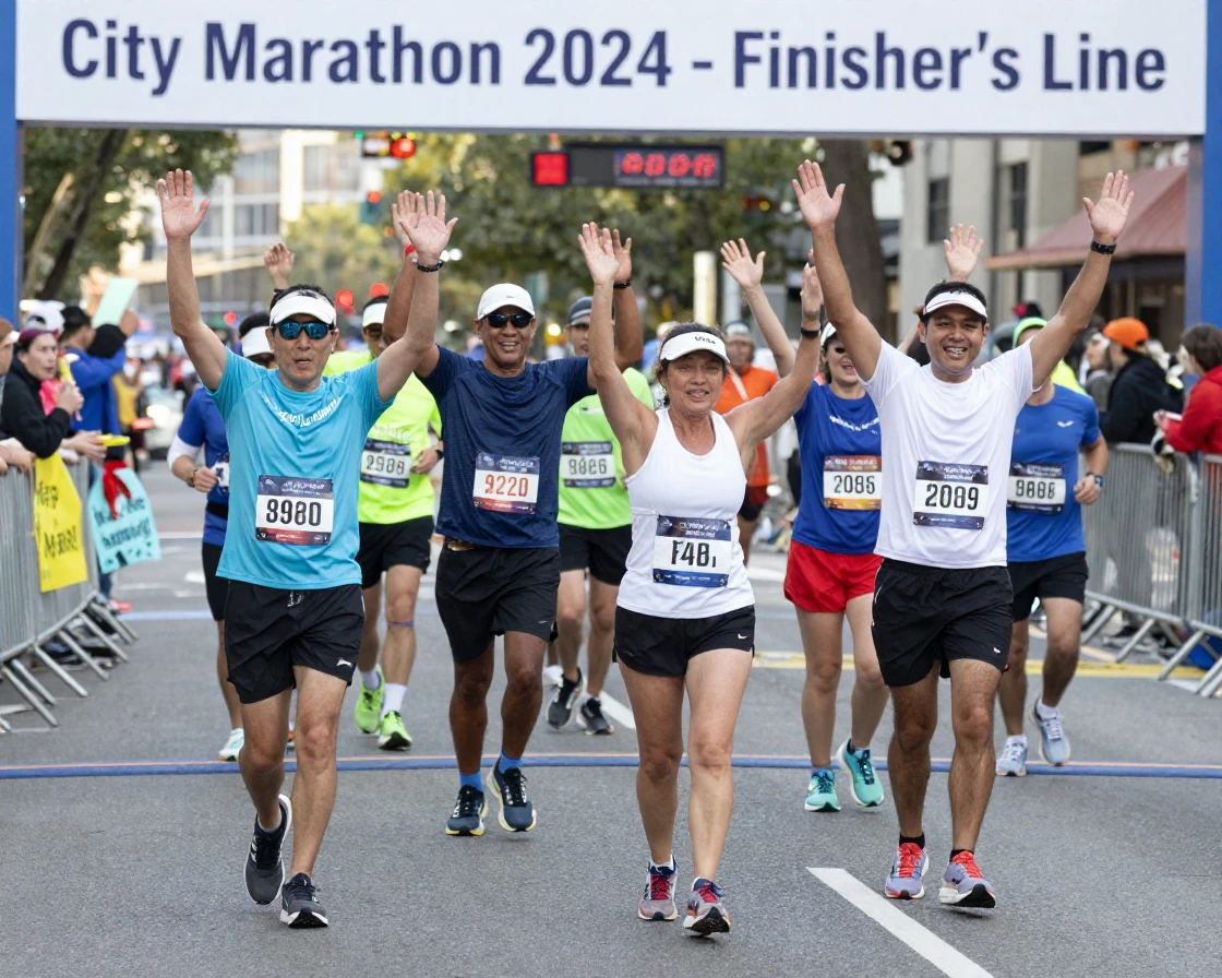 A group of runners crosses a city marathon finish line together, arms raised.