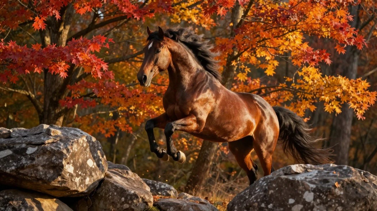 A majestic stallion leaping gracefully between rocks beneath a canopy of autumn leaves as the day slowly fades