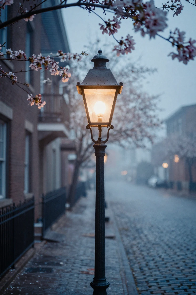 Old gas lamps lighting a quiet historic street at dusk, in soft window light, as mist rises off the ground, as spring blossoms unfurl, in cool blues and silvery greys, in a tight close-up.