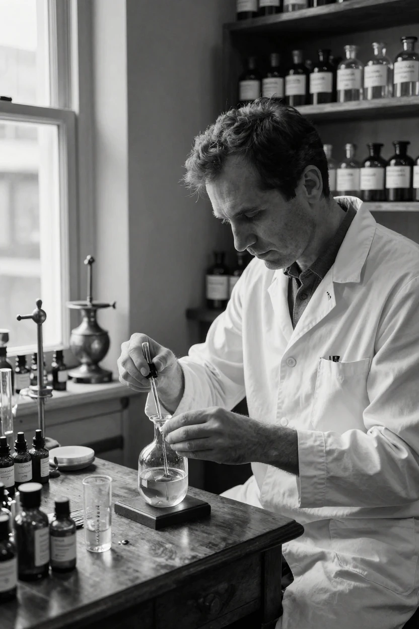 A perfumer blends rare oils into a new fragrance inside a small perfume atelier.