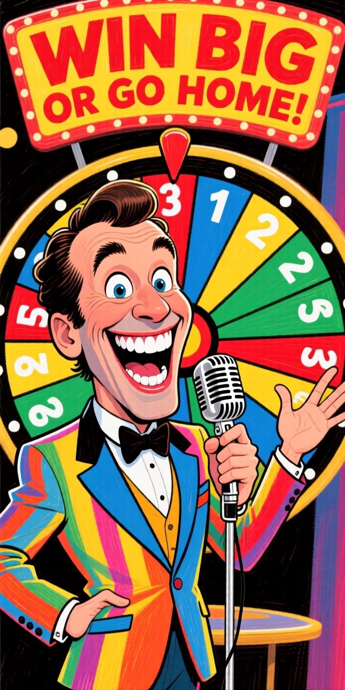 A game show host holding a microphone, gesturing enthusiastically at a spinning wheel.