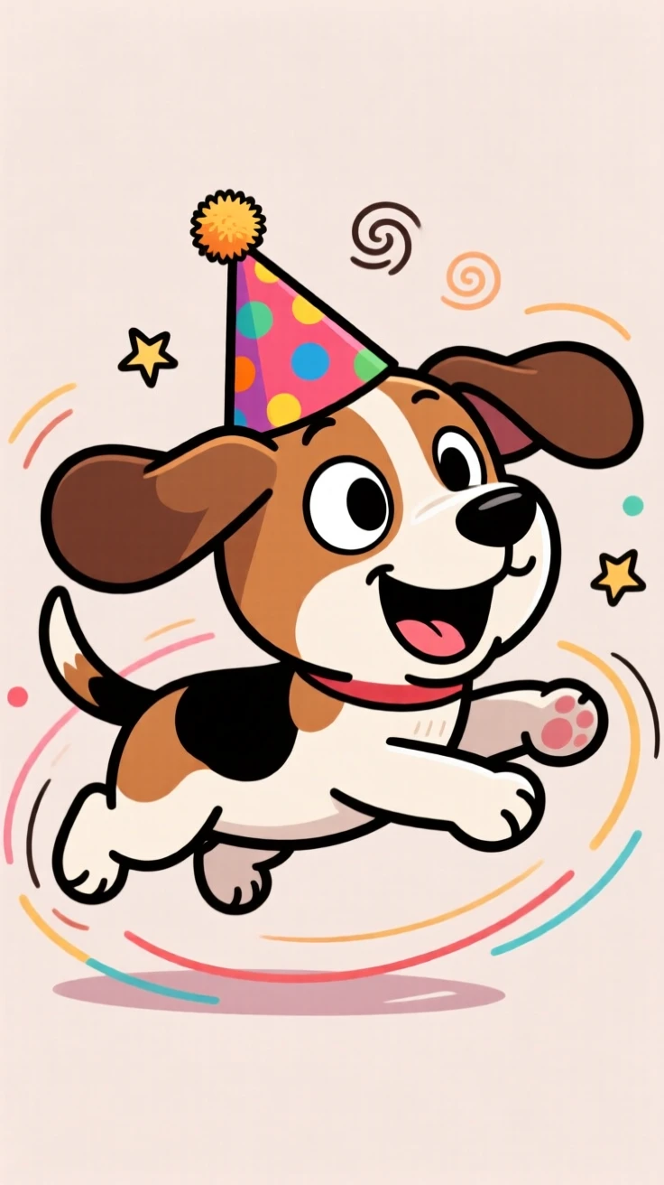 A playful pet moment featuring a goofy beagle puppy chasing its own tail in dizzy circles, with a birthday hat slightly askew.