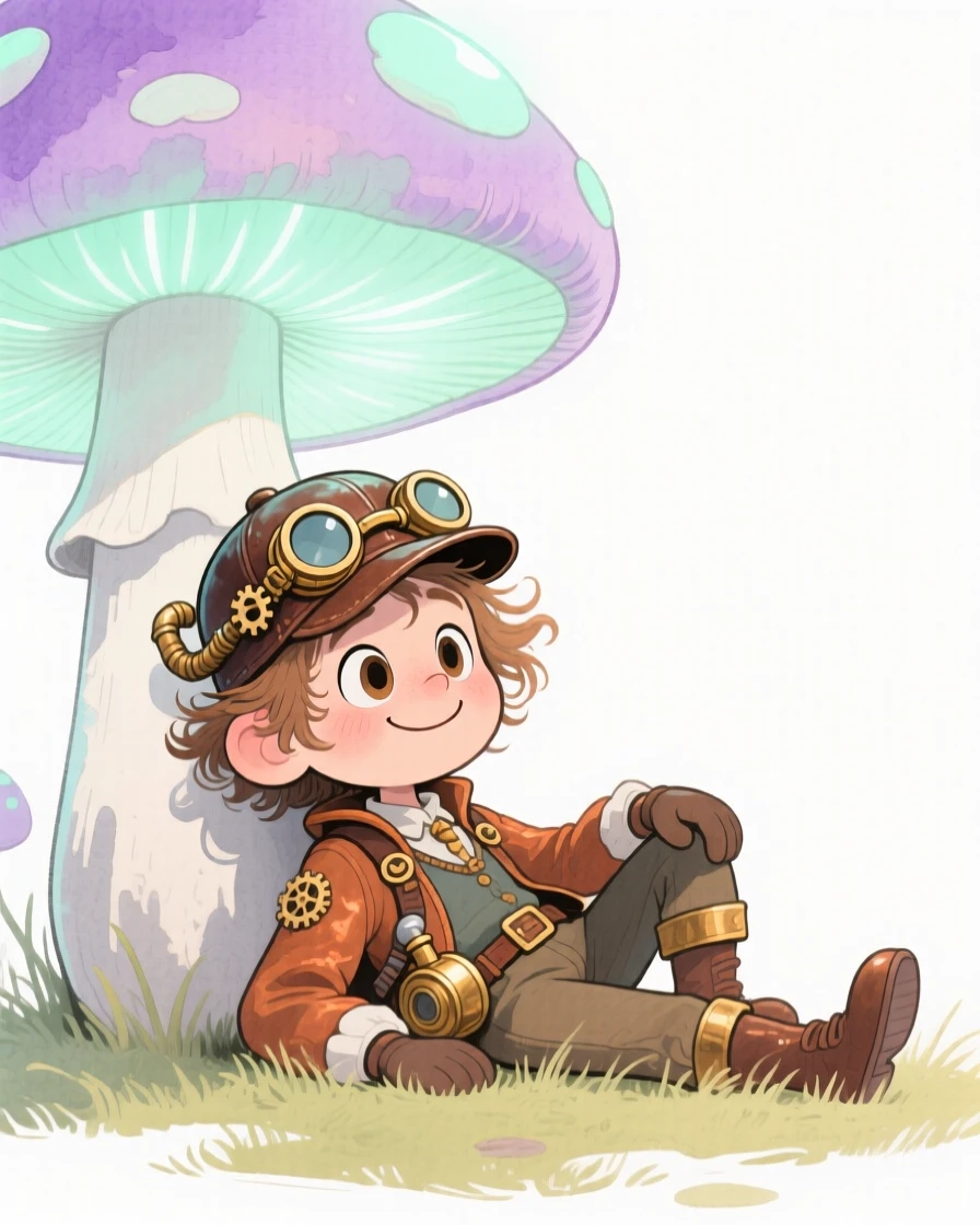A steampunk inventor resting beneath a giant glowing mushroom