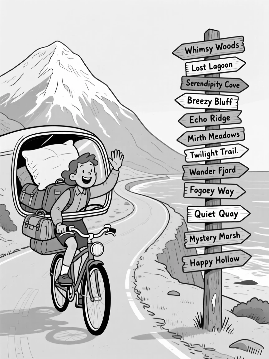 A cyclist pedaling along a scenic coastal road, waving through a windshield stacked with pillows and bags, set at the peak of a snow-dusted mountain. A weathered signpost lists a dozen mismatched directions. It radiates wanderlust and the fun of getting a little lost.