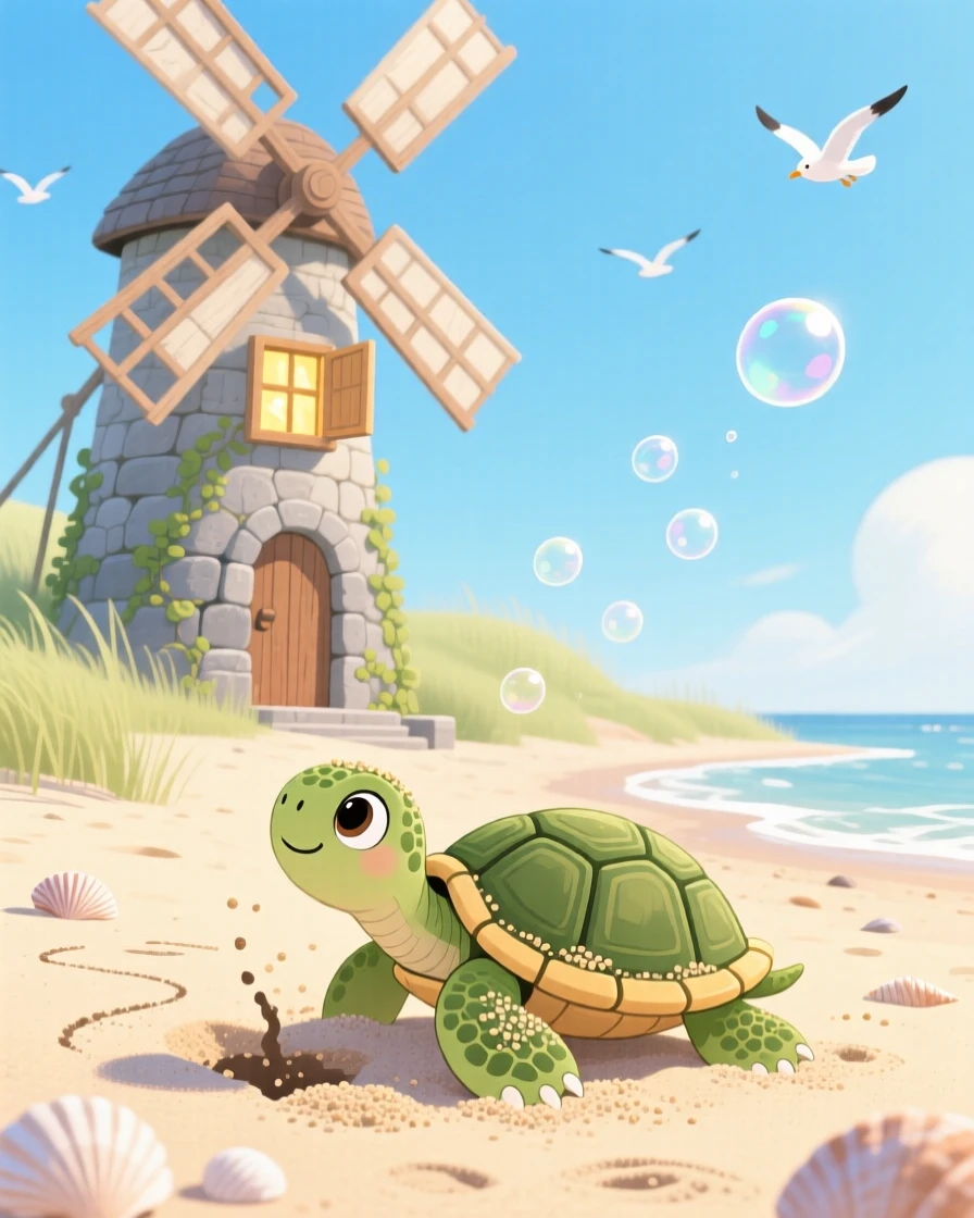 A tiny turtle hatchling pauses from digging for buried treasure in the sand to look up in an old stone windmill, as tiny bubbles float upward.