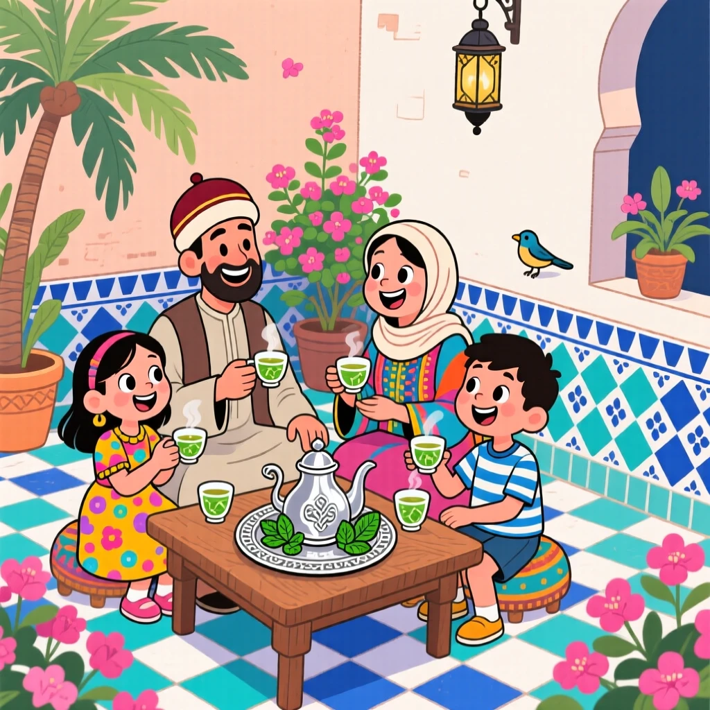 A family in Morocco sipping mint tea in a tiled courtyard.