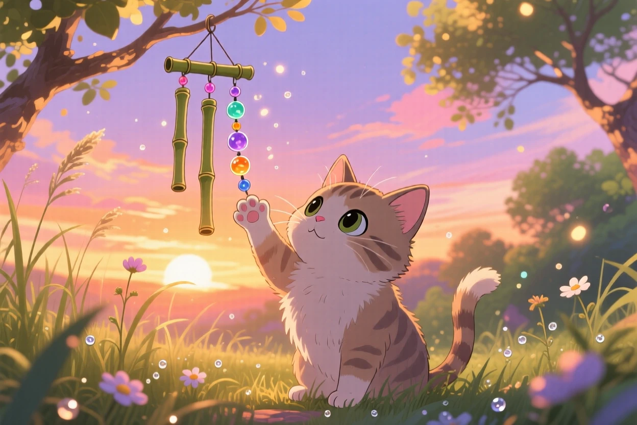 A kitten batting at a dangling wind chime, framed by the golden light of sunset, radiating pure charm.