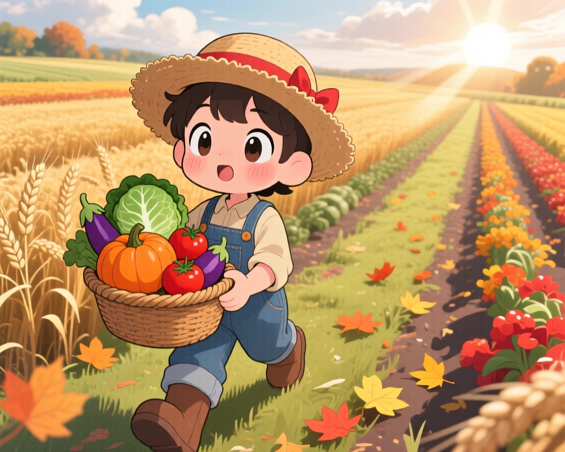 High aerial view of a young farmer, carrying a basket of freshly picked vegetables, in a sunny farm field, on a crisp autumn afternoon, illuminated by rays of sunrise breaking through clouds, radiating gentle surprise.
