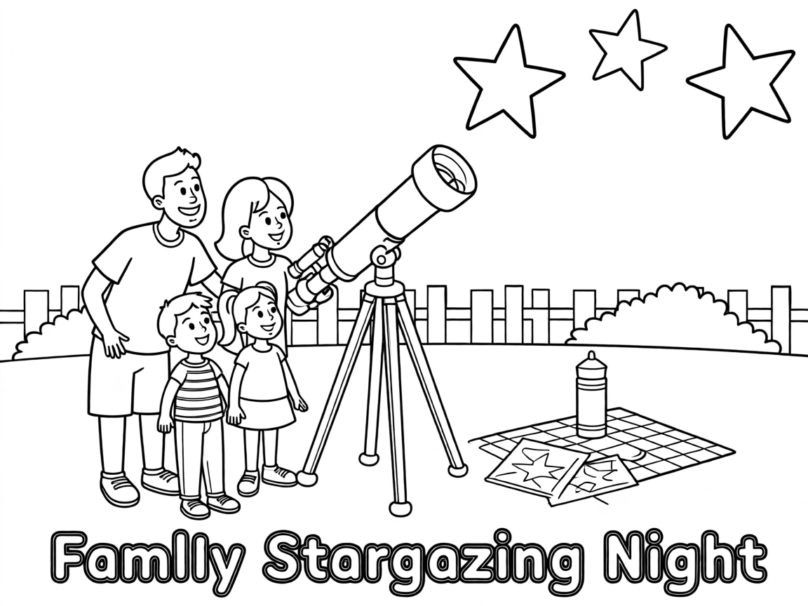 A family stargazing together with a telescope in the backyard