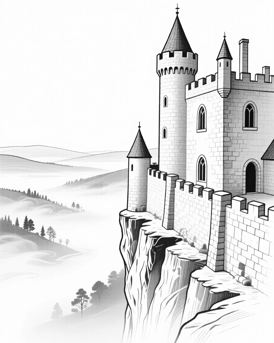 An old stone castle overlooking a misty valley