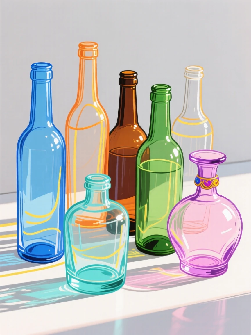 A collection of colorful glass bottles catching sunlight.