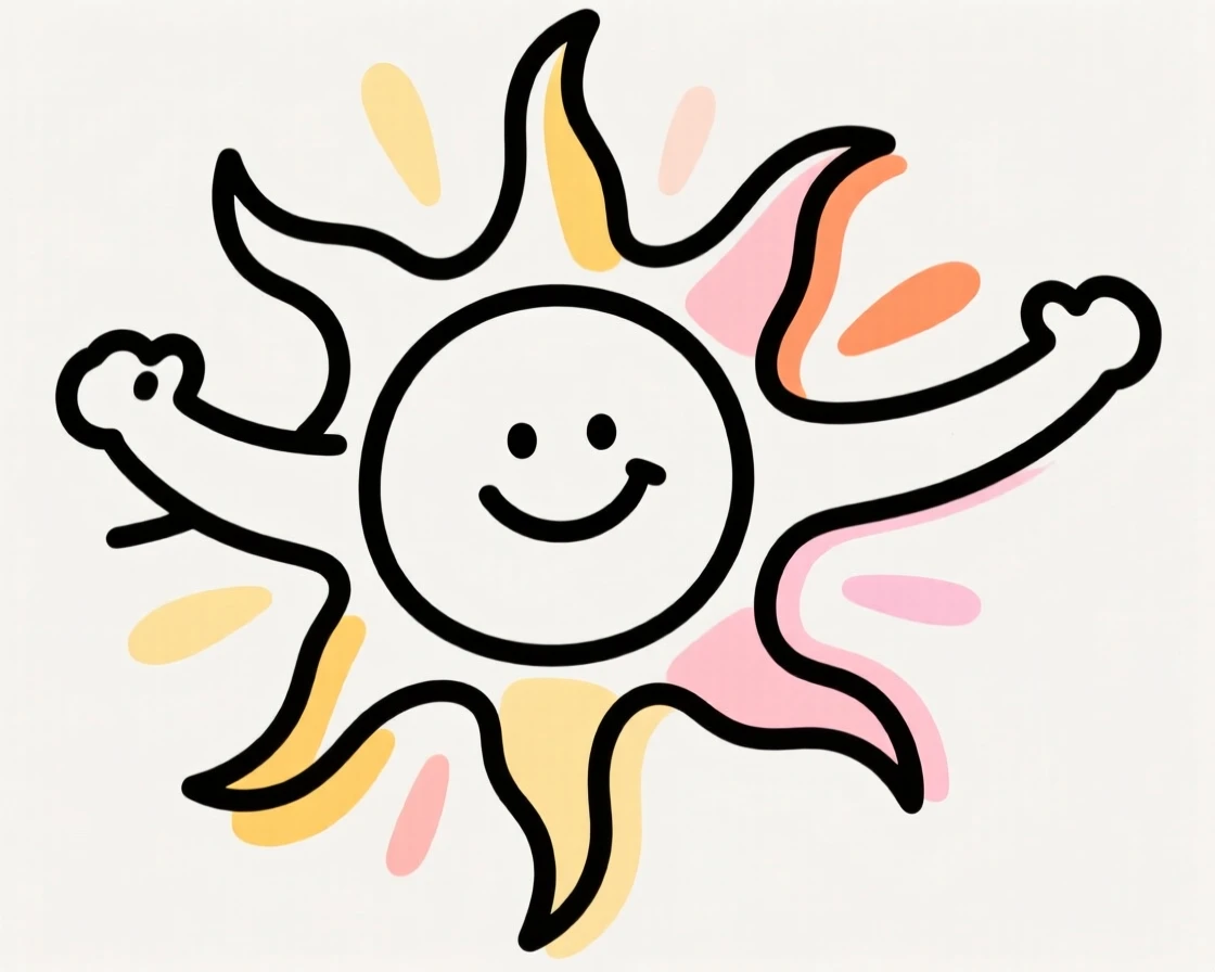 A smiling cartoon sun with rays stretched out like arms.