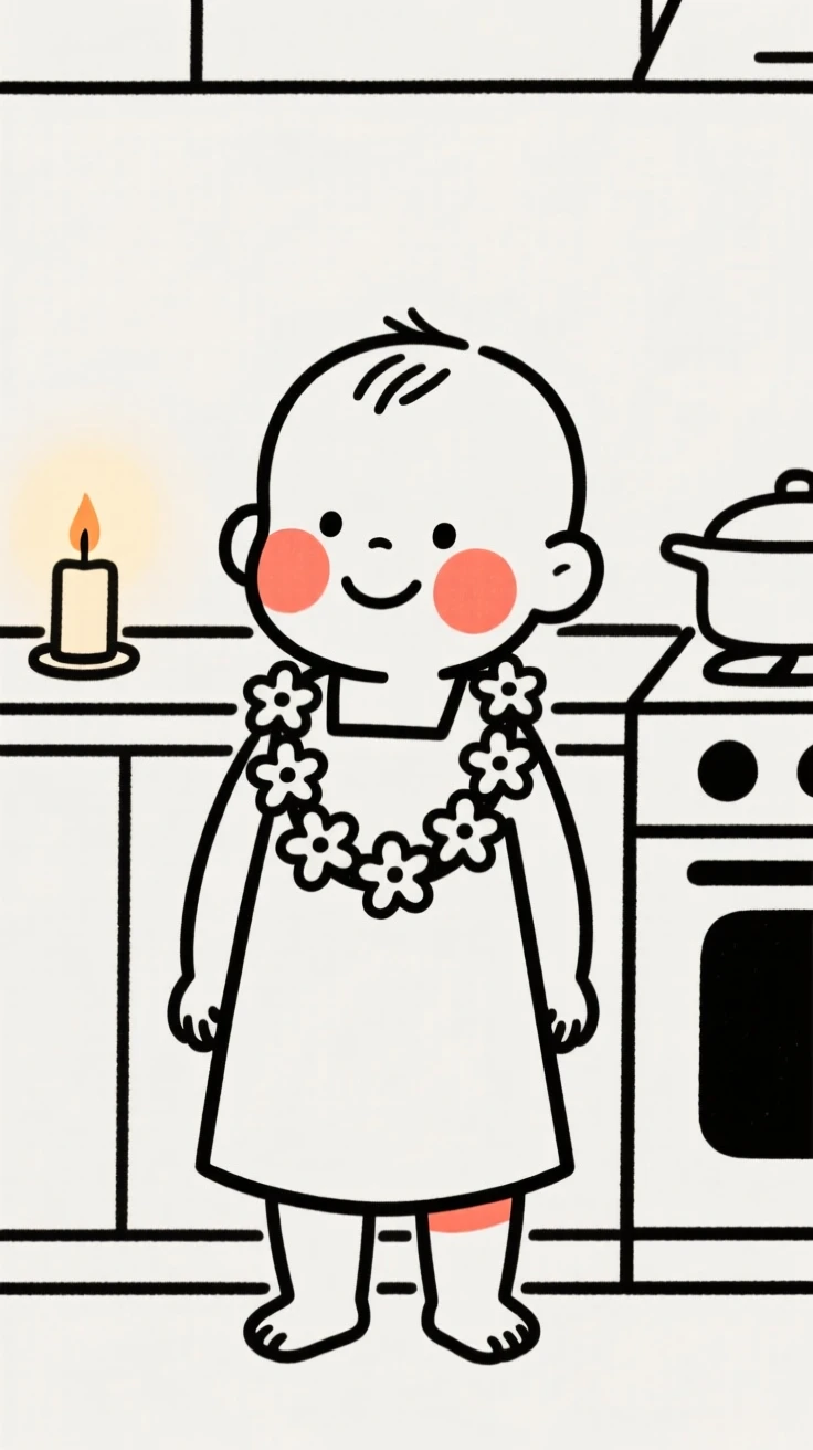A baby boy of Hawaiian heritage wearing a traditional Hawaiian lei and dress, smiling shyly, in a cozy candlelit kitchen.