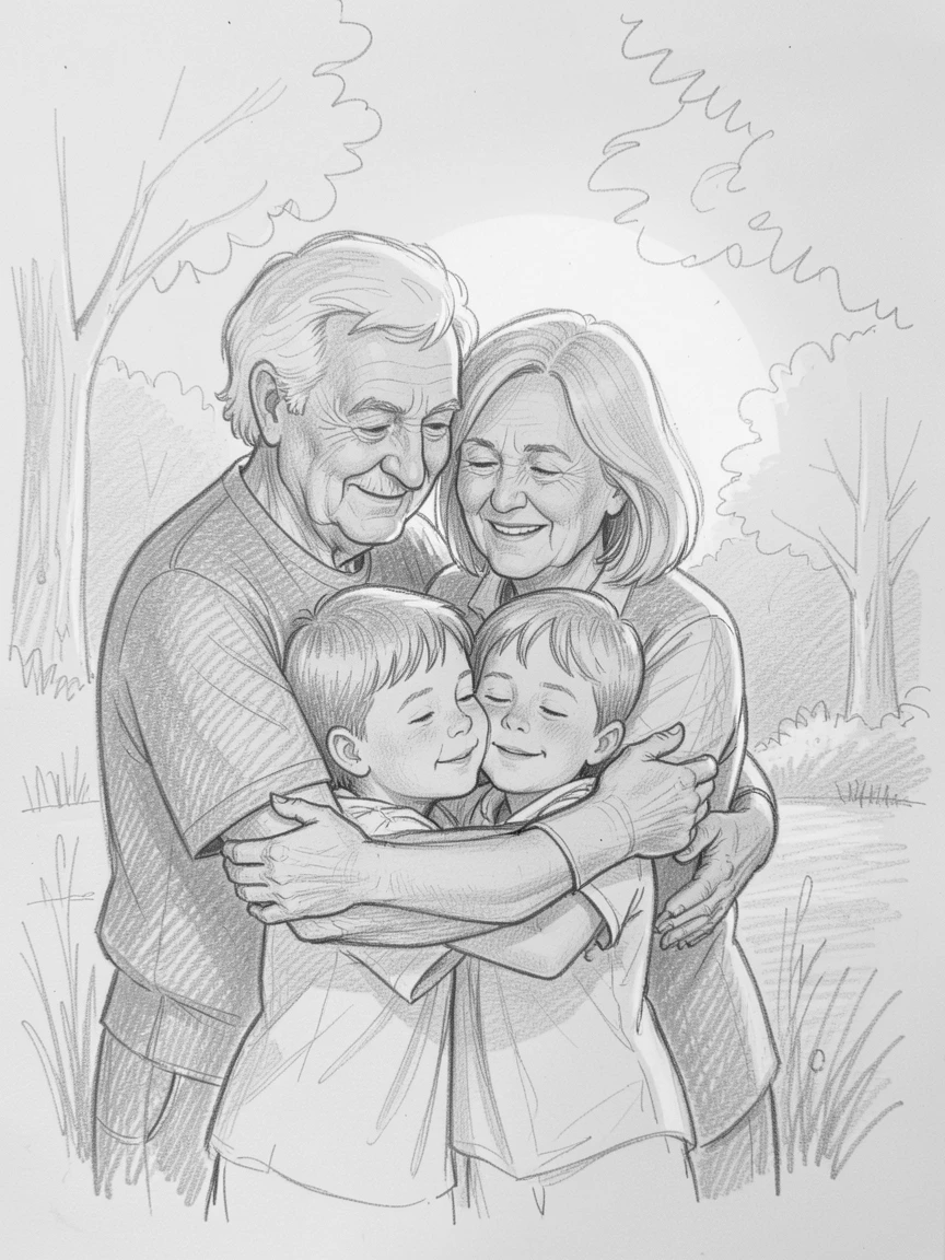 An emotional scene of grandparents embracing their grandchildren during a warm summer evening, wrapped in comfortable togetherness.